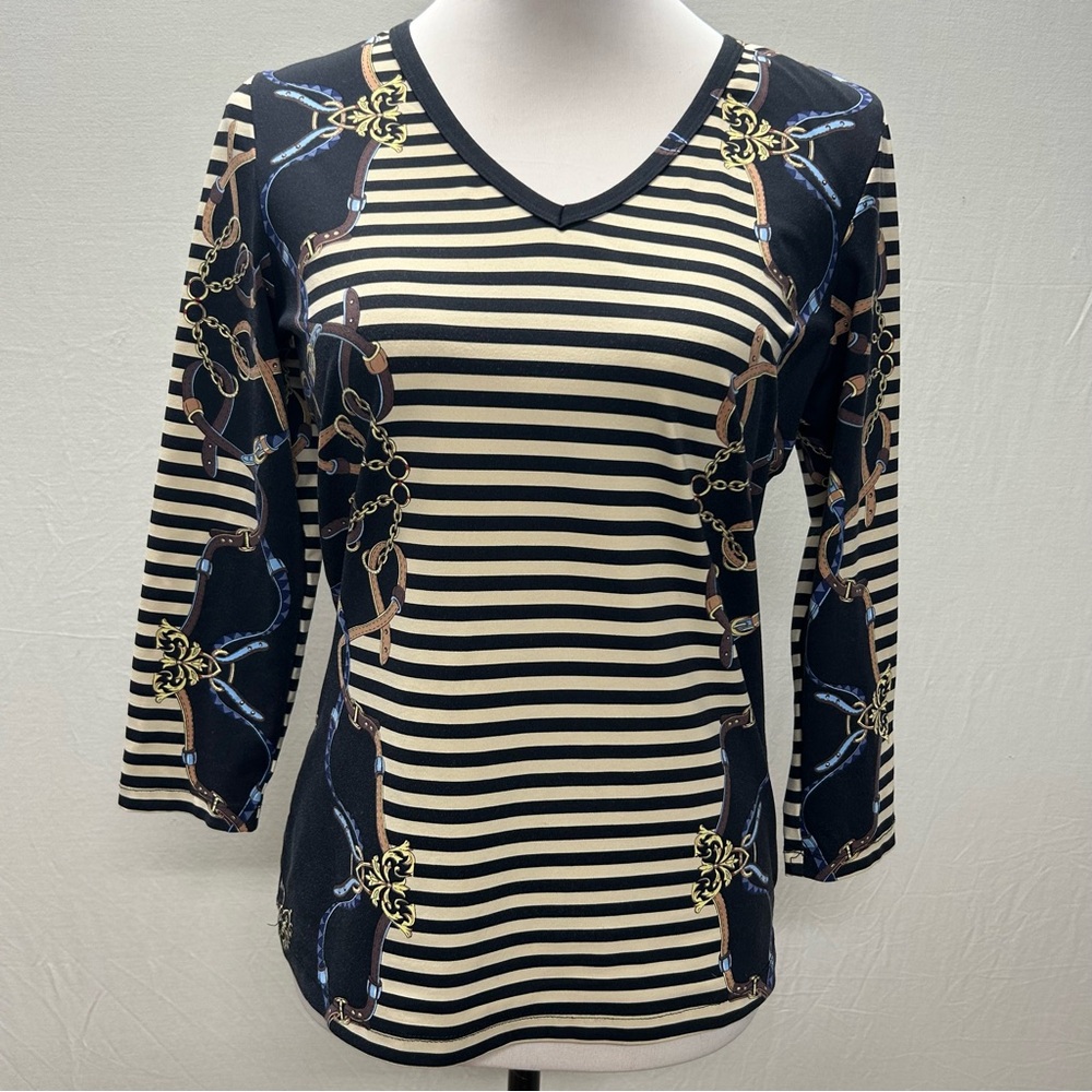 J. Mclaughlin Catalina Cloth 3/4 Sleeve Top Equestrian Chevalier Stripes S